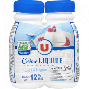 Crème UHT légère liquide bleu blanc coeur U, 12% de MG, bouteille 2x25cl