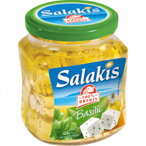 Dés de fromage de brebis au lait pasteurisé à l'huile et au basilic SALAKIS, 25,8% de MG, bocal de 300g