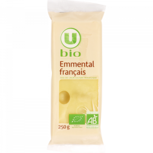 Fromage au lait cru Emmental français U BIO, 31% de MG, portion de 250g