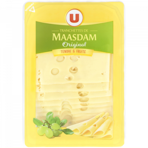 Fromage de Hollande à pâte pressée en tranches Maasdam Original au lait pasteurisé U, 27% MG, 200g