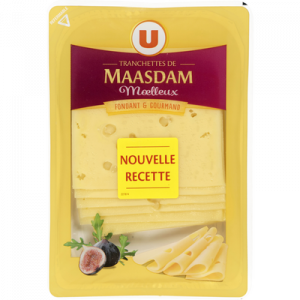 Fromage de Hollande à pâte pressée en tranches Maasdam moelleux au lait pasteurisé U, 30% de MG, 150g