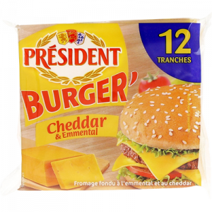 Fromage fondu au lait pasteurisé Burger'emmental cheddar 17%,PRESIDENT, 12 tranchettes, 200g
