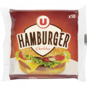 Fromage fondu pasteurisé au cheddar pour hamburger U, 18% de MG, 10 tranches soit 200g