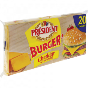 Fromage fondu pasteurisé cheddar emmental pour burger PRESIDENT, 18% de MG, 20 tranches, 340g