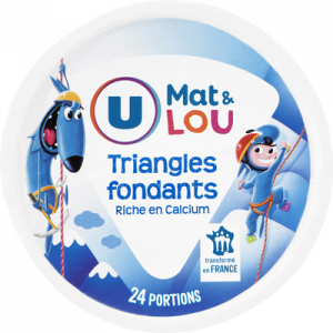Fromage pasteurisé triangles fondants fromagers U MAT&LOU, 19,5%mg, boite ronde x24, 400g.