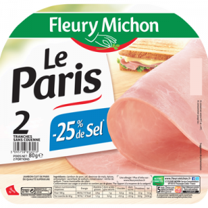 Jambon Paris sans couenne FLEURY MICHON, en sel réduit 2 tranches, 80g