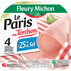 Jambon cuit au torchon à teneur réduite en sel Le Paris FLEURY MICHON,4 tranches, 160g