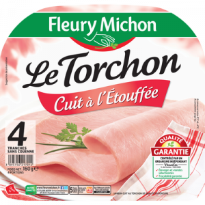 Jambon découenné Le Torchon cuit à l'étouffée VPF FLEURY MICHON, 4 tranches, 160g