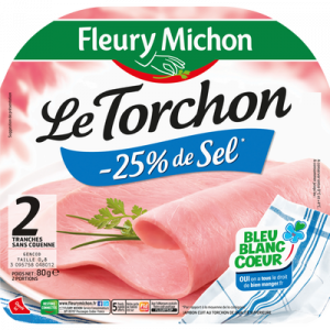 Jambon le torchon cuit sans couenne -25% sel réduit bleu blanc coeur FLEURY MICHON , 2 tranches, 80g