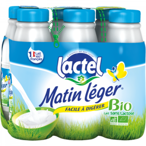 Lait UHT Bio stérilisé sans lactose MATIN LEGER, 1,2% de mg, bouteille 6x50cl