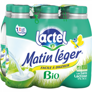 Lait UHT stérilisé sans lactose bio MATIN LEGER, 6 bouteilles de 1 litre