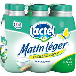 Lait UHT teneur réduite lactose écrémé MATIN LEGER, bouteille 6x1 litre