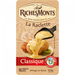 Raclette classique au fromage pasteurisé au lait de montagne RICHESMONTS, 26% de MG, 16 tranches, 420g