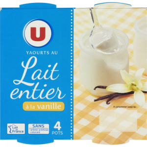 Yaourts au lait entier saveur vanille U, 4x125g
