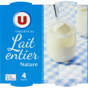 Yaourts nature au lait entier U, 4x125g