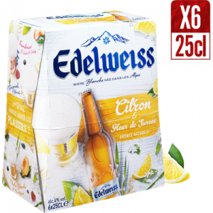 Bière blanche aromatisée au citron et fleur de sureau, EDELWEISS 4°, 6bouteilles en verre de 25cl