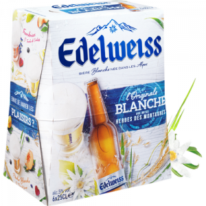 Bière blanche aromatisée aux herbes des montagnes EDELWEISS, 5°, 6 bouteilles en verre de 25cl