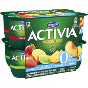 Lait fermenté maigre aux fruits panachés bifidus ACTIVIA,0% 12X125g