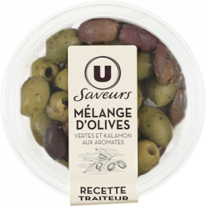 Mélanges d'olives vertes et kalamon aux arômates U SAVEURS, 150g