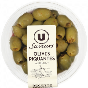 Olives vertes piquantes avec poivrons et piment U SAVEURS, 150g