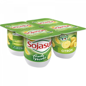 Spécialité au soja fermentée sucrée aux fruits enrichie en calcium citron SOJASUN, 4 unités de 100g