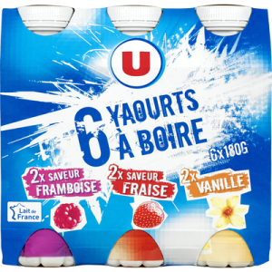 Yaourts à boire 3 parfums fraise vanille framboise U, 6x180g