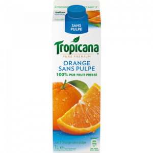 Pur jus d'orange réfrigéré sans pulpe TROPICANA Pure Premium, brique de 1l